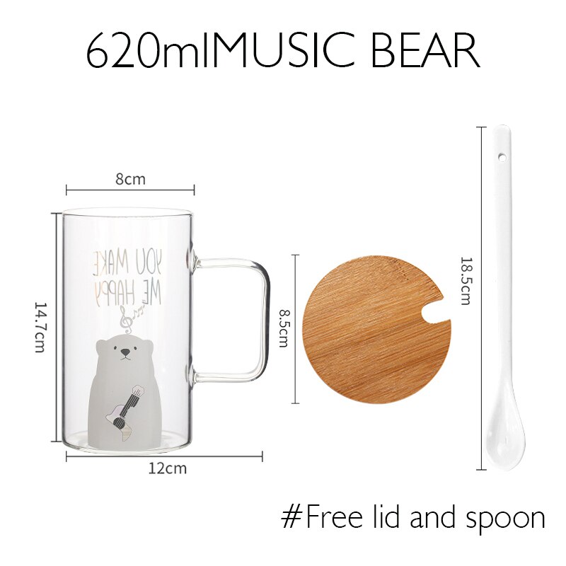 Taza de cristal creativa para el desayuno, taza de café o té con mango transparente, con cubierta, para el hogar y la Oficina: MUSIC BEAR