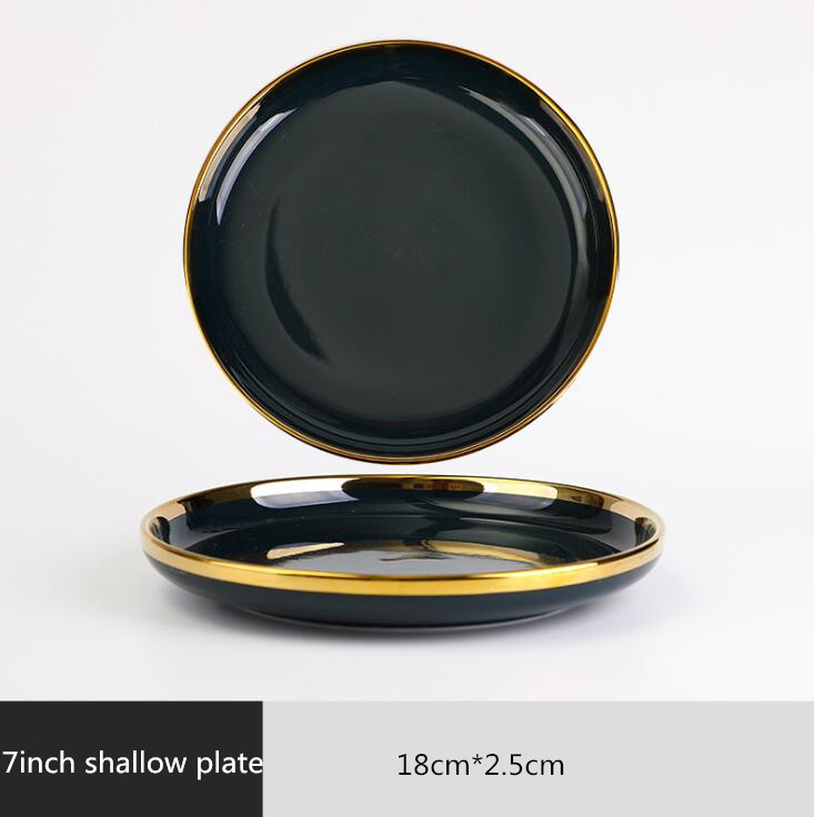 Gilt Rim Dark green Plate Steak Food Nordic Style Tableware Bowl Ins Dinner Dish High End Porcelain Dinnerware Set: 7 inch Shallow plate