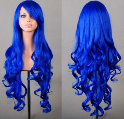 Peluca roja de Cosplay fei-show, largo sintético, rizado, para Halloween, para mujer, pelo azul, disfraz de carnaval, flequillo inclinado, postizo negro: Azul