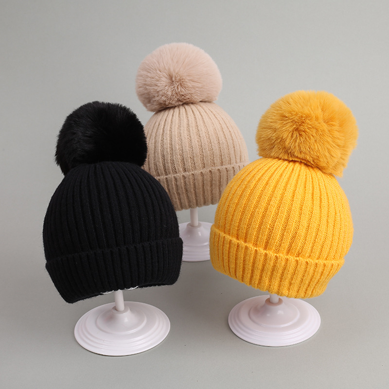 Bonnet tricoté épais et pour enfant, chapeau à pompon, couleur unie, accessoires pour fille et garçon, automne et hiver
