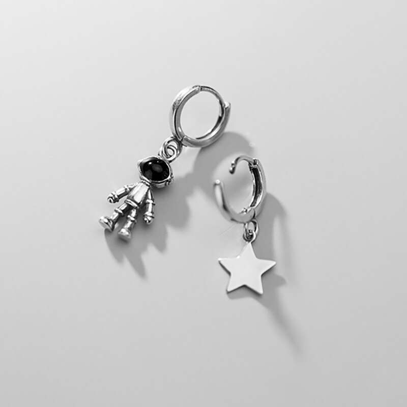 Cute Astronaut Star Asymmetric Thai Silver Color Hoop Earrings For Women Ear Jewelry Birthday S-E1065