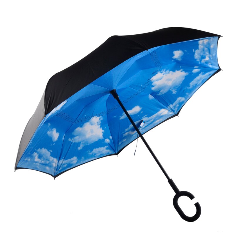 Windproof Folding Double Layer Sun Women Rain Inverted Umbrella Reverse Umbrella Self Stand Wind Proof C-Hook Hands