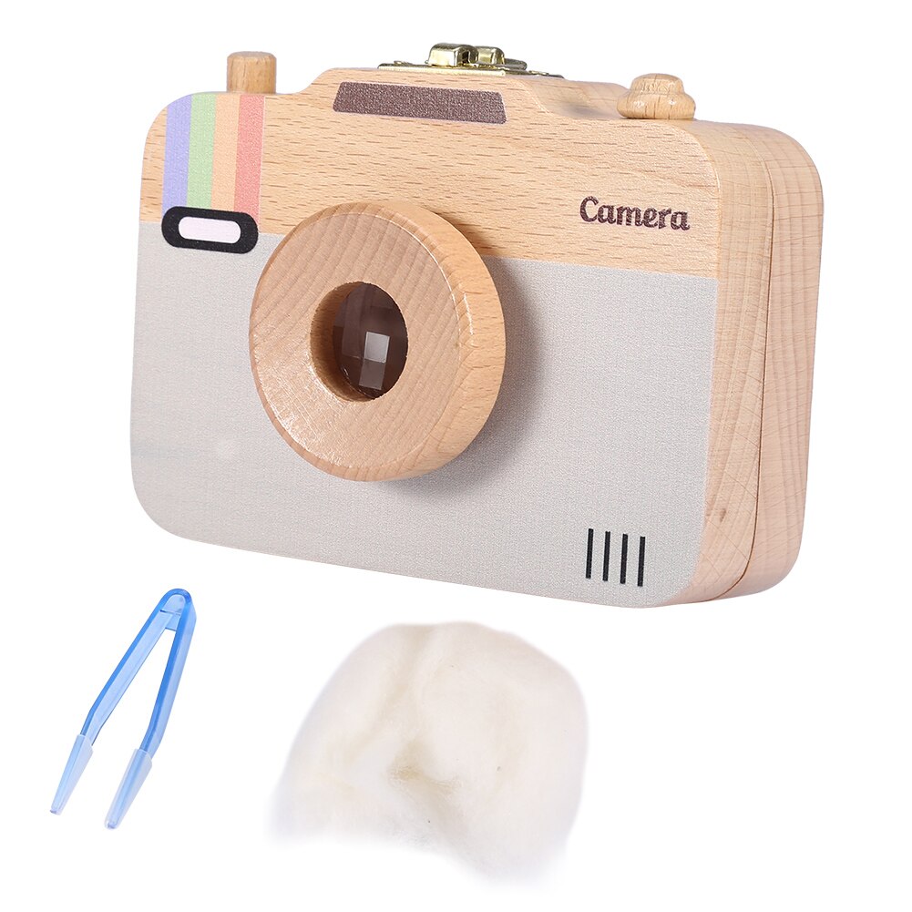 Wooden Baby Tooth Box Teeth Organizer Wooden Camera-pattern Storage Box Case for Baby Teeth and Baby Hair
