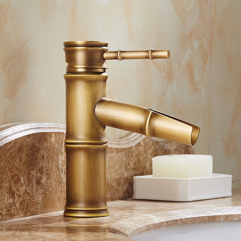 Antieke Bamboe Badkamer Kraan Antieke bronzen afwerking Messing Basin Wastafel Kraan Enkele Handgreep Bamboe Water Tap douche tap