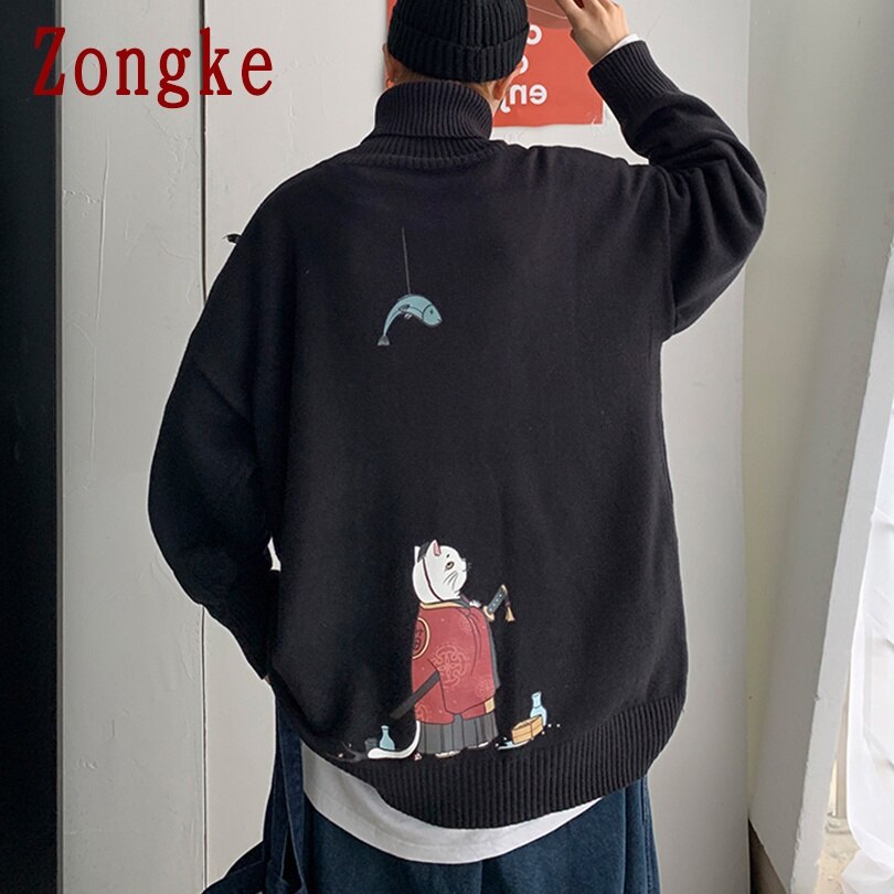 Zongke Samurai estampado de gato cuello alto de punto suéter de los hombres ropa de cuello de los hombres suéter de suéter o Chompa para hombre M-3XL