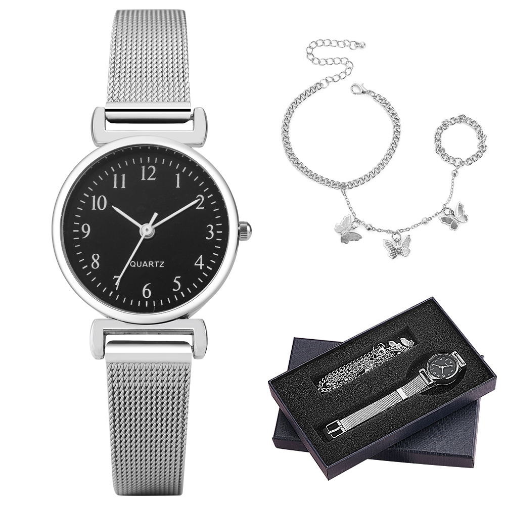 Elegante Vrouwen Armband Horloge Set Zilveren Romen Digitale Wijzerplaat Quartz Horloge Lady Chic Vlinder Hand Ketting Met Ringen Voor vrouw: Watch Bracelet C