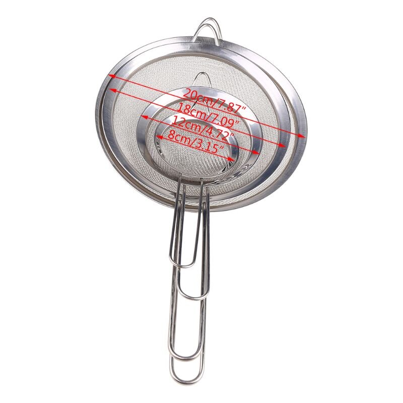 Stainless steel kitchen sieve fine mesh, reinforced handle, set of 4 sizes 8/12 /18/20cm Y5LF