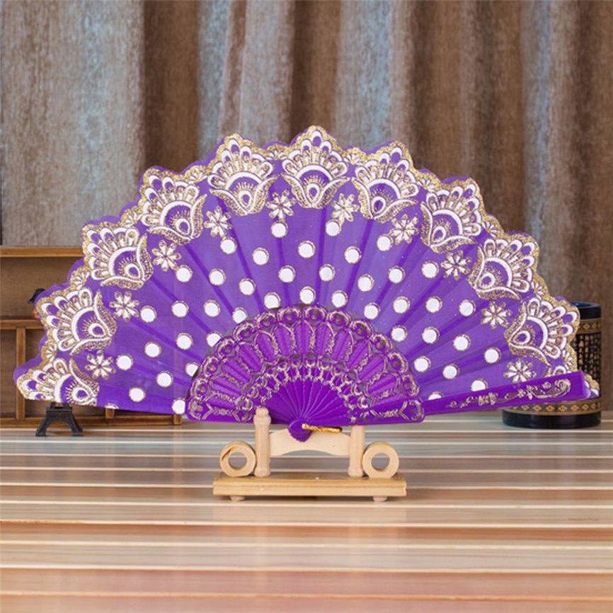 Antiguedades Decoracion Ventilador De Mano Plegable De Seda - Estilo Español, Floral, Para Fiestas Y Bodas | Chino Campana Budista