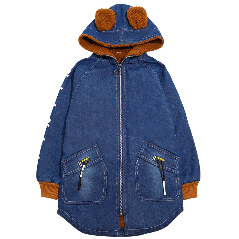 120-170 barn pojke flicka höst vinterjacka plus sammet tjock denim vindjacka barn långa ytterkläder & kappor