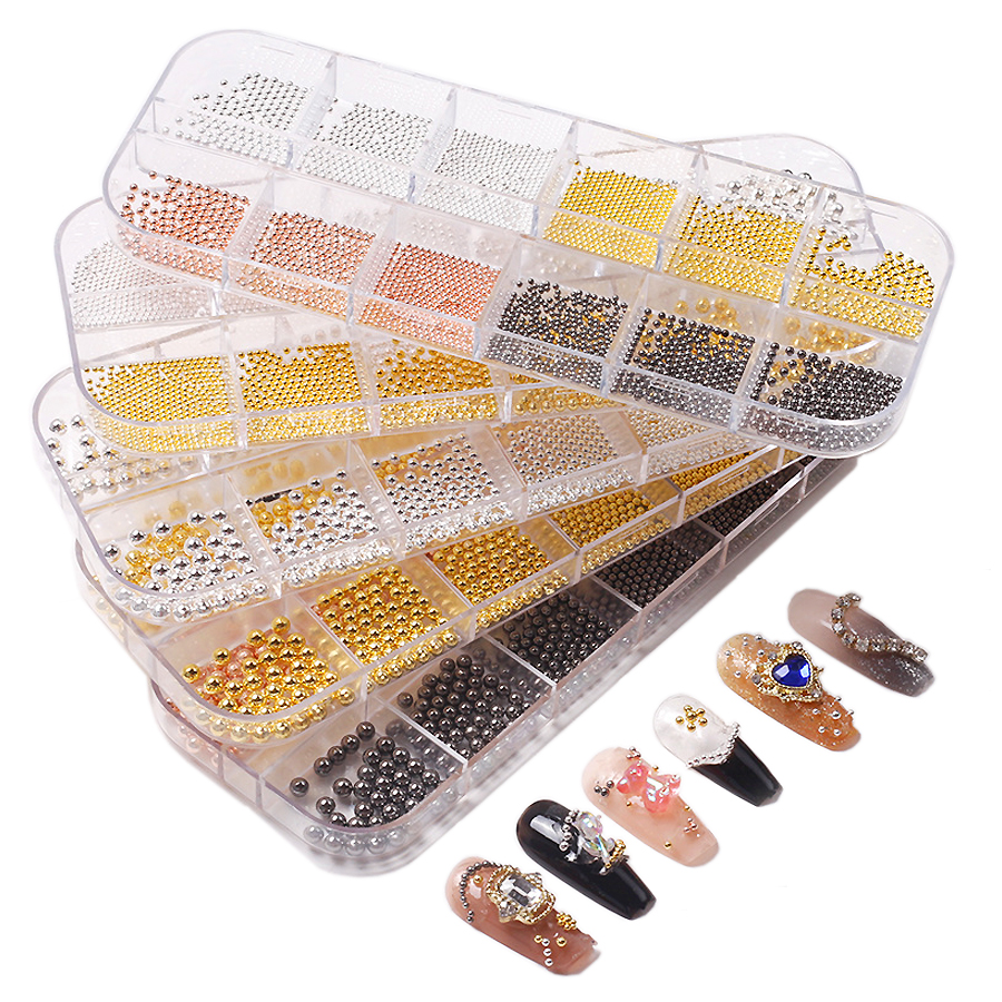 Cuentas de caviar de 12 compartimentos, accesorios metálicos para decoración de uñas, cuentas de metal para uñas con caja para decoración de uñas