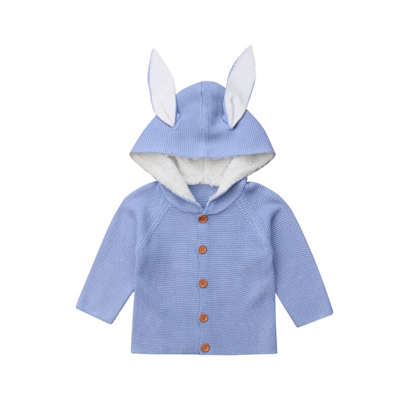 Newborn Toddler Baby Girls Boy Knitted Sweater Cardigans Single Breasted Coat Hooded Rabbit Ear Outerwear: Blue / 24M