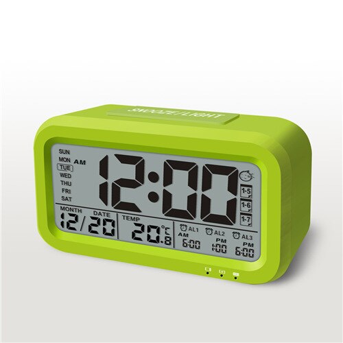 Reloj despertador Digital recargable por USB, reloj para estudiante con pantalla LCD grande para mesita de noche, reloj con Sensor de luz y retroiluminación: green