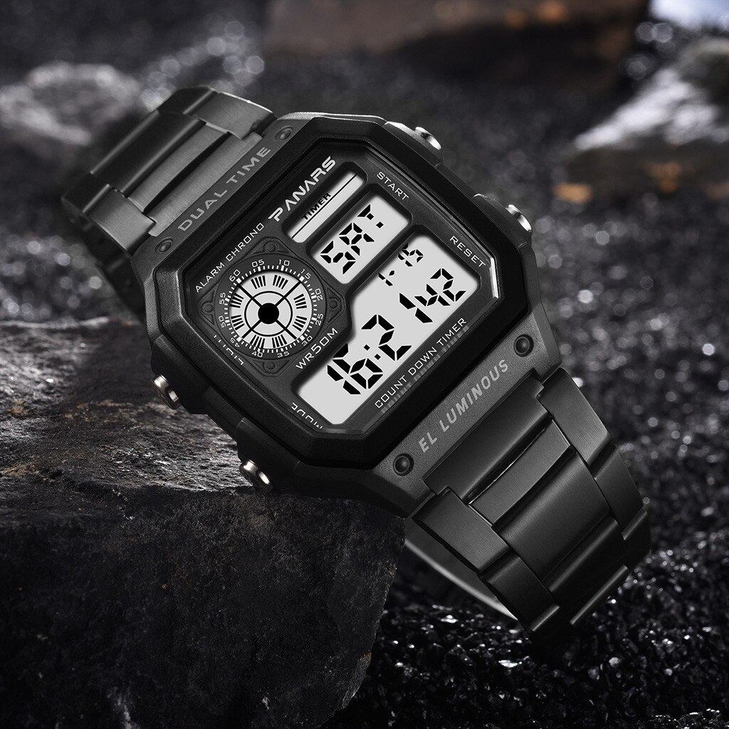 Rvs Horloge Mannen Waterdichte Multifunctionele Sport Horloge Vierkante Elektronische Horloge Luxe Armband Klok Zegarki