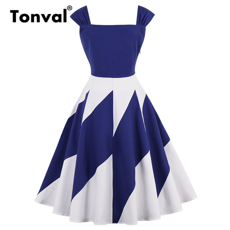 Tonval blå och vit kontrast vintage klänning fest kvinnor färgblock retro klänningar rygglösa 50s rockabilly klänning