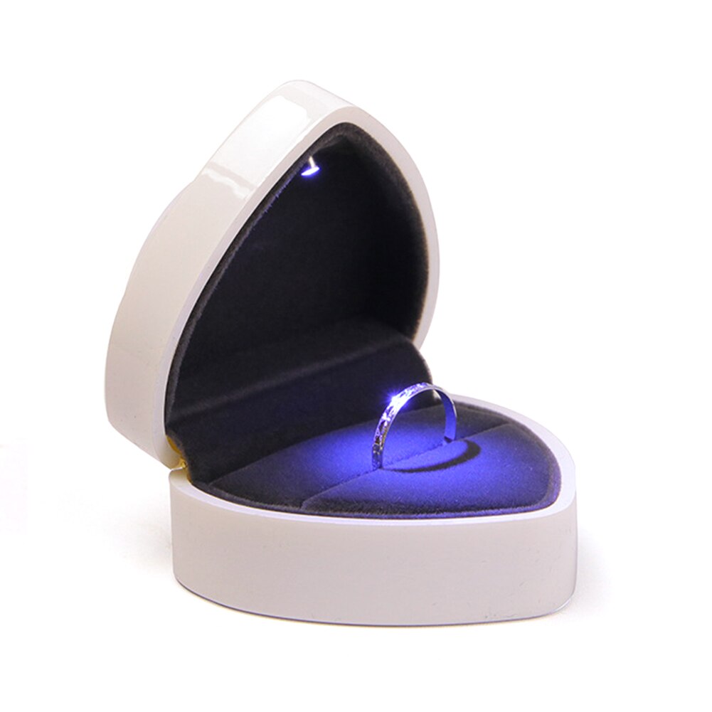 LED Light Wedding Ring Box Holder Marriage Organizer Heart Shape Display Velvet Ring Box Wedding Proposal Jewelry Storage: White