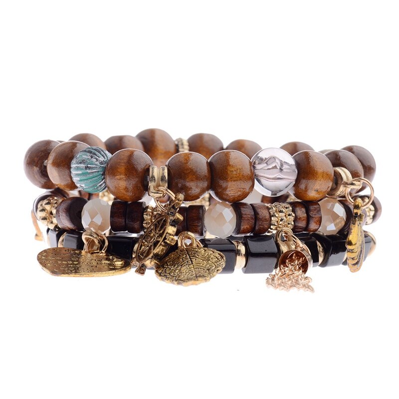 3 Teile/los Ethnische frauen Armbänder Set Pour Les Femmes Böhmen Charme Naturstein & Holz Perlen Herz Legierung Pendents armbänder