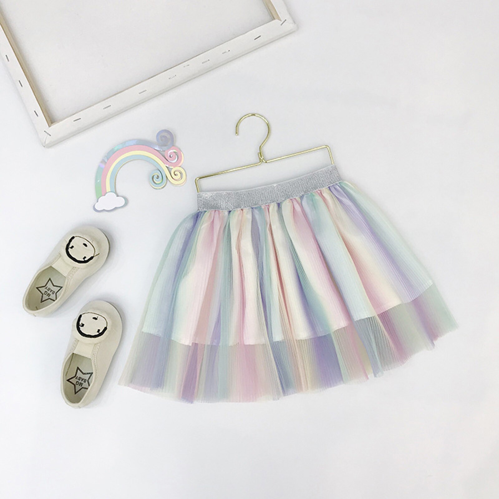 Pudcoco Meisje Regenboog Kleur Korte Rok Multicolor Elastische Glitter Riem Taille Plooirok Verse Kleurrijke Baby Zomer Kleding