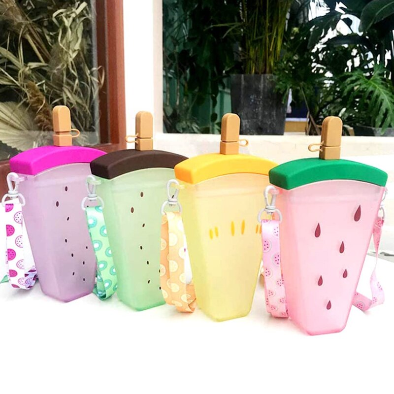Plastic Water Bottles Cute Watermelon Ice Cream Water Bottle With Straw Bottle Anti-fall Portable Popsicle Cup Kids Water