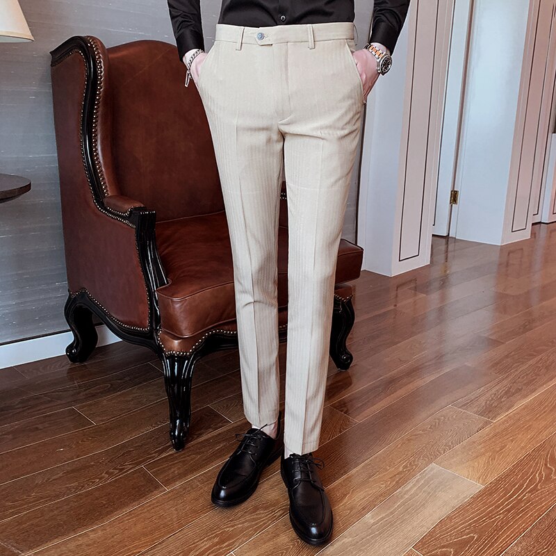 Garnitur spodnie męskie kostki w stylu jednokolorowe ślubne Pantalon męskie spodnie wizytowe nowe modne biznesowe oficjalne garnitury męskie spodnie: khaki / 34