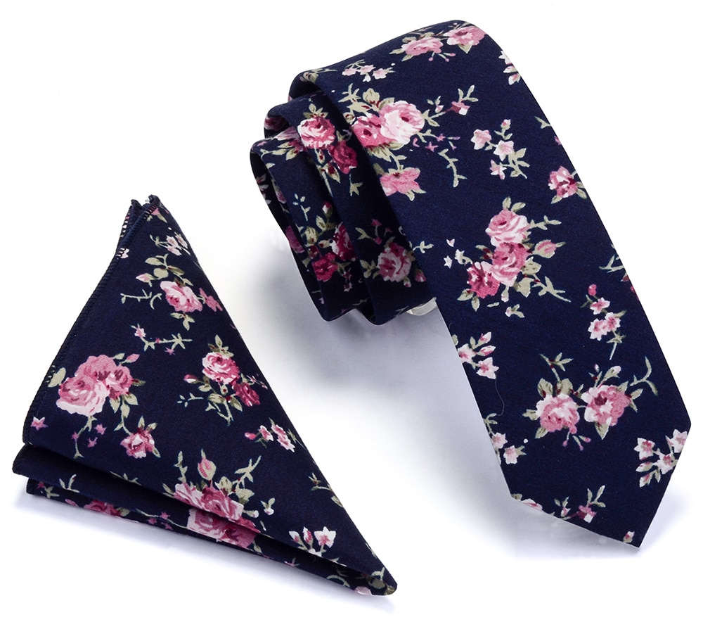 Ricnais 100% Cotton 6cm Slim Pocket Square Necktie Set Red Bule Floral Print Handkerchief Ties Set For Men Party Skinny Neck Tie