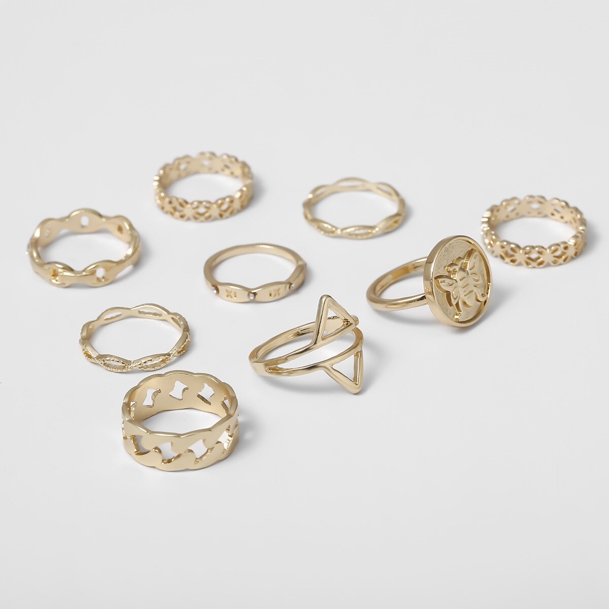 Spaloria 9pcs Boho Do Punk Do Vintage Rodada Abelha Conjunto Oco Geométrica do Anel Anéis de Ouro Para As Mulheres Festa de Casamento de Moda Feminina jóias