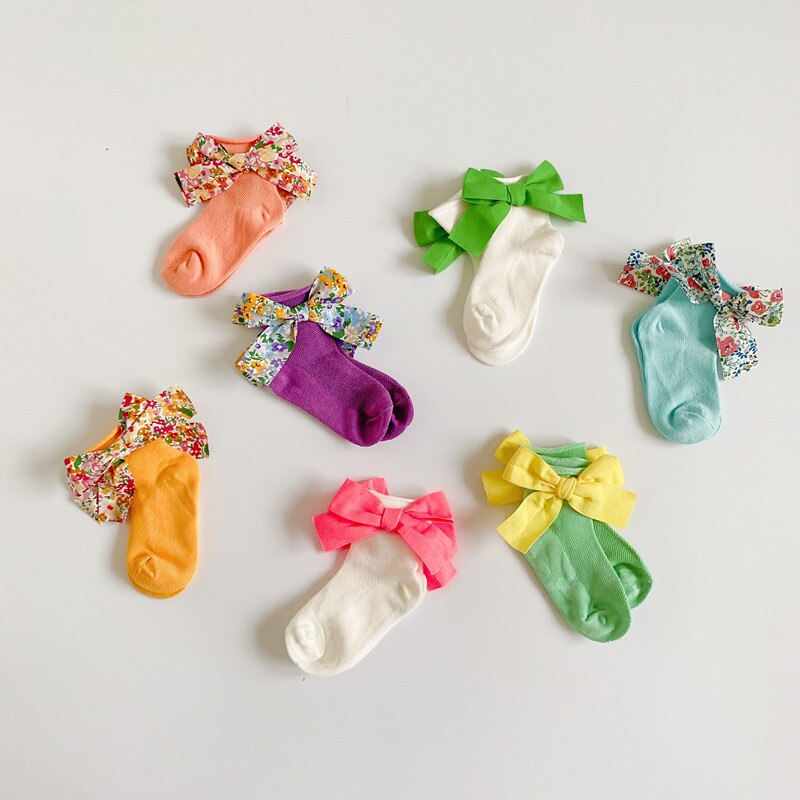 7 couleurs bébé filles garçons princesse chaussettes fleurs imprimer nœud papillon anti-dérapant coton mignon chaussettes 0-2 ans