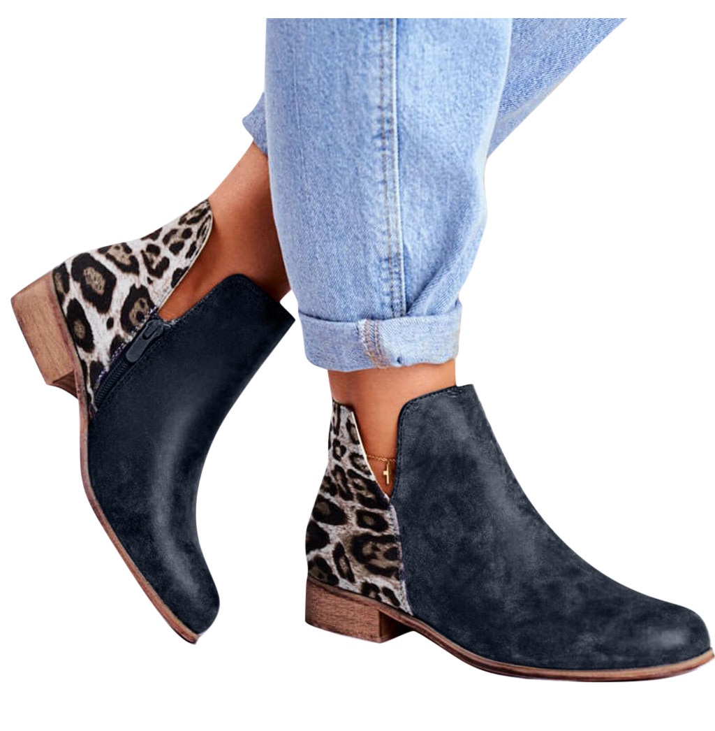 Vrouwen Mode Leopard Serpentine Laarzen Dames Outdoor Vierkante Hakken Schoenen Laarzen Pu Patchwork 3 Kleur Enkellaarsjes