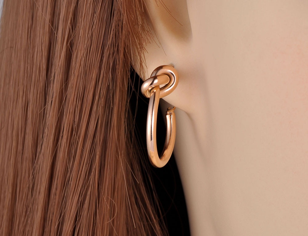 Lokaer Original Rose Gold Stainless Steel Knotted Hoop Earrings Trendy Bohemia Office Earrings For Women Girls E19282