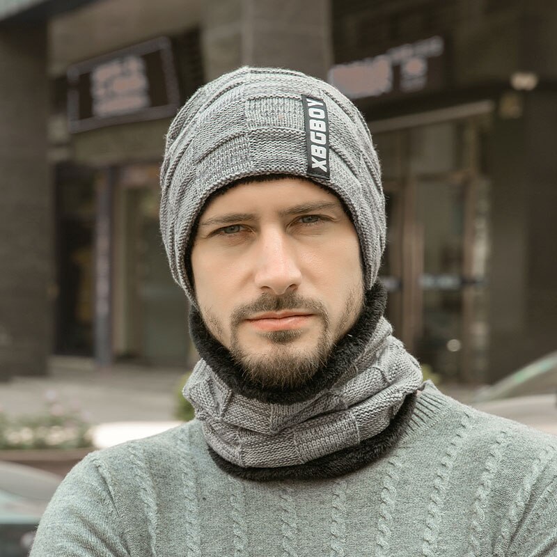 Vinter mössor scarf set varm stickad mössa döskalle halsvärmare med tjock fleecefodrad vintermössa och halsduk för män kvinnor: Grå
