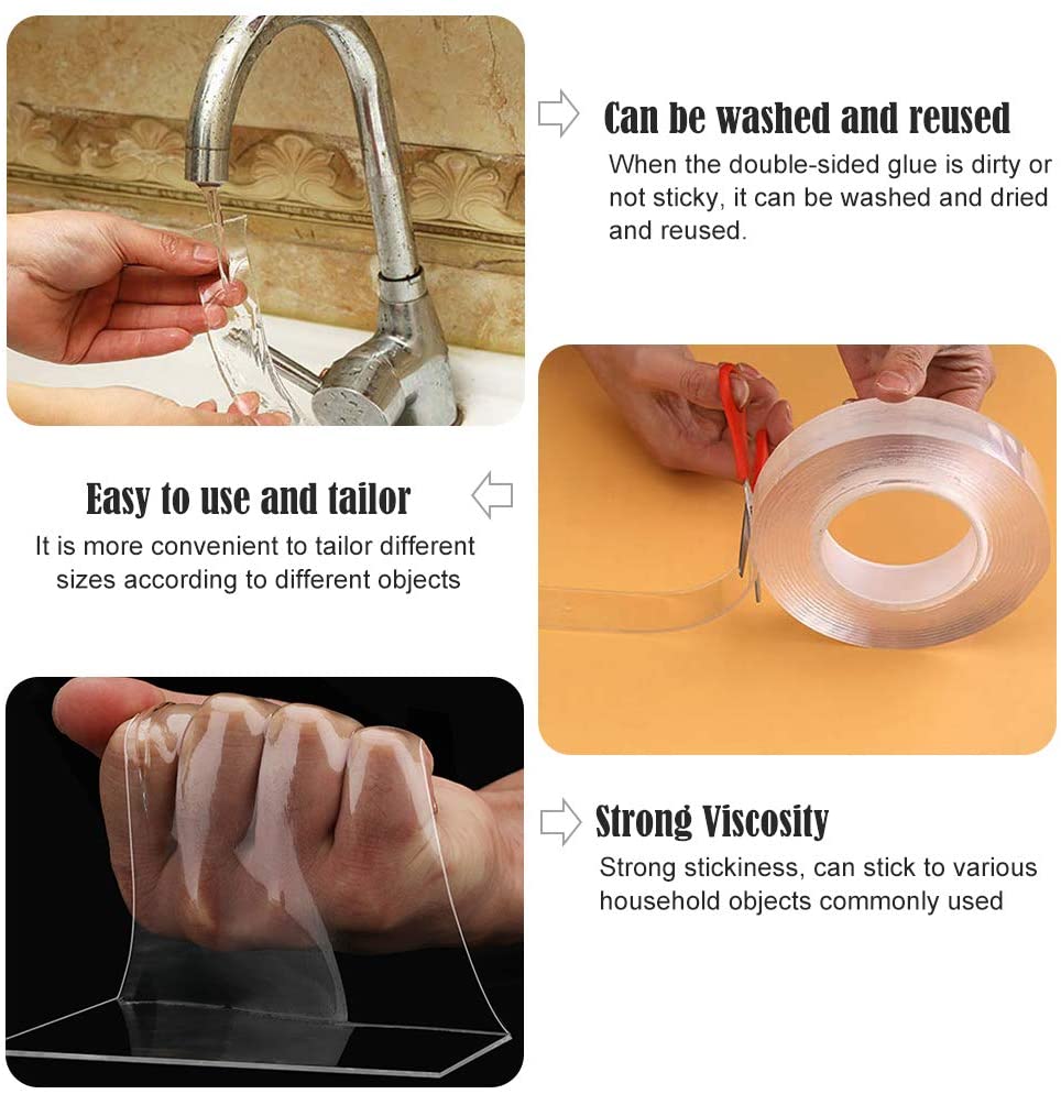 Reusable transparent double-sided tape, functional tape, traceless, waterproof, cleanable glue, household 1 m, 2 m, 3 m, 5m
