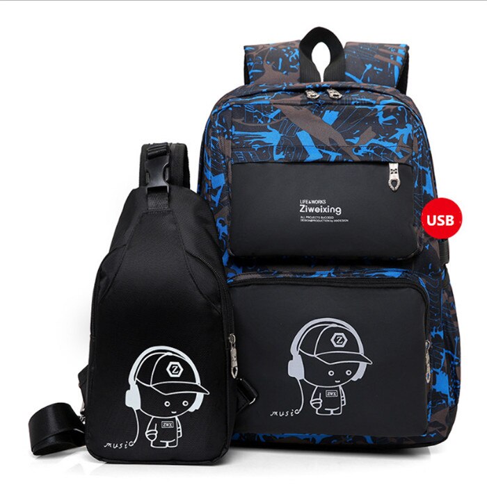 2 Stks/set Usb Mannelijke School Rugzak Voor Jongens Borst Tas Student Laptop Rugzakken Mannen Schooltassen Voor Vrouwen Reizen tas Mochila: Blue