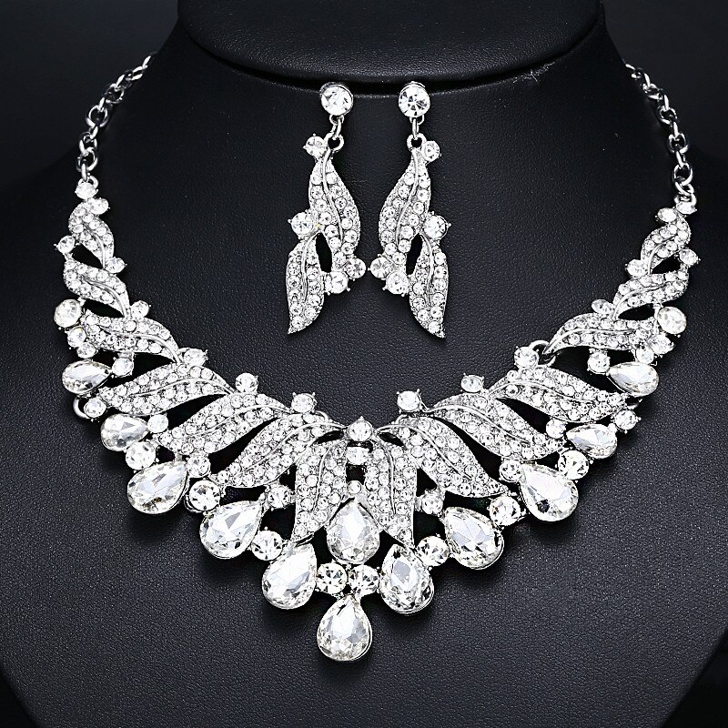 Luxury Leaf Shape Rhinestone Crystal Alloy Necklace Earrings Jewelry Set For Bride Bridal Wedding Party Statement Accessories