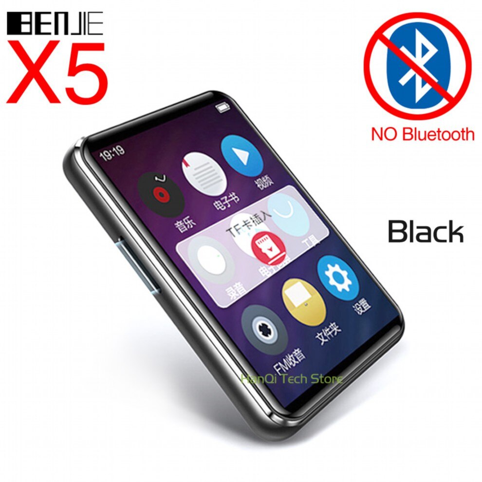 Benjie X5 Full Touch Screen Bluetooth MP3 Player 8GB 16GB Portable Music Player With Built-in Speaker FM Radio Recorder E-book: Black NO Bluetooth / 8GB
