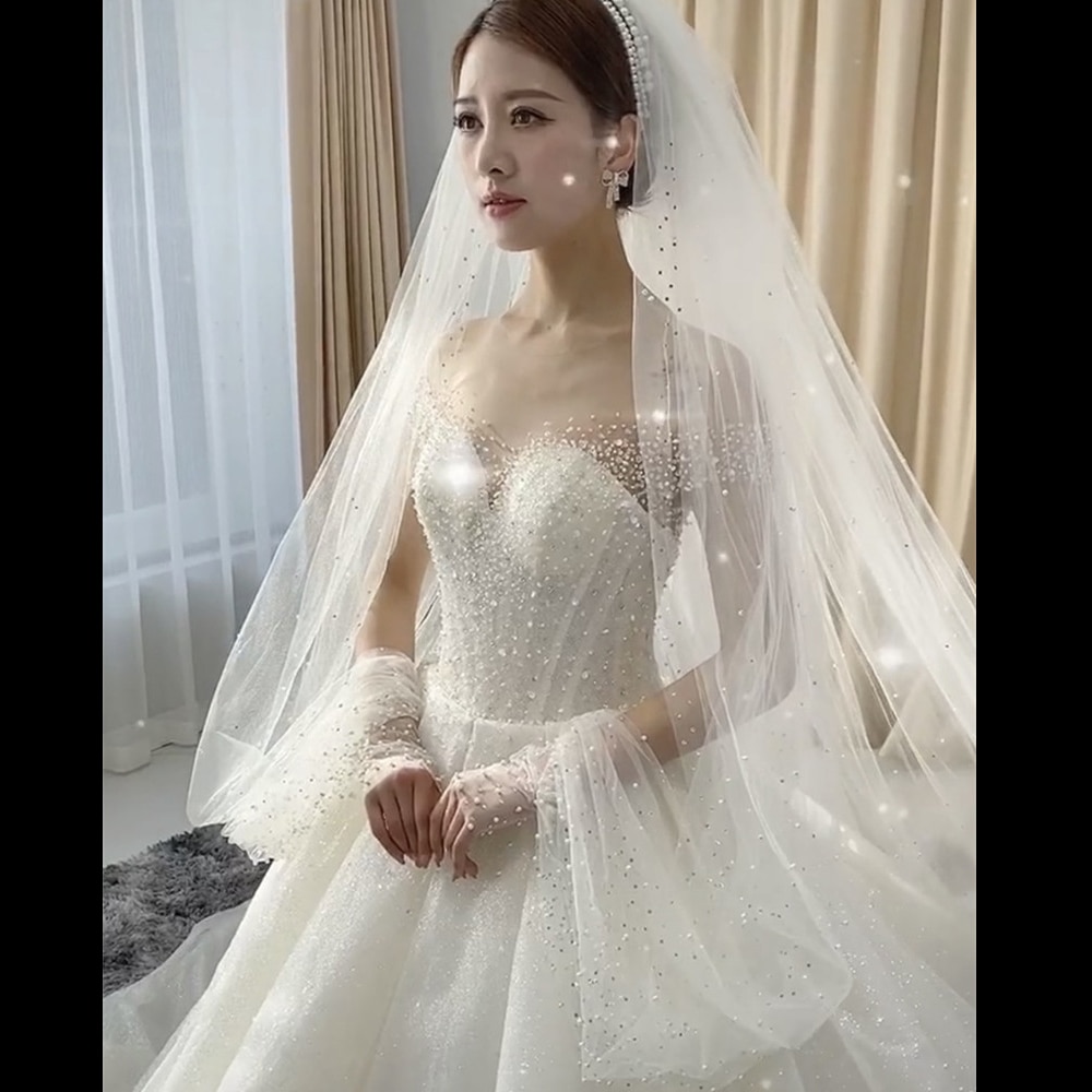 Crystal Kralen Wedding Veil Lange Bridal Veils Kapel Lengte Met Lange Mouwen Bruid Veils Bruiloft Accessoires