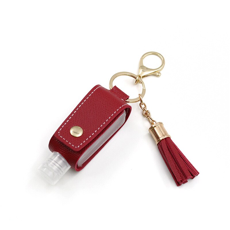 30ml Hand Sanitizer Holder Plastic Travel Bottle Refillable Container Reusable Bottle with Tassel Leather Keychain Carrier: red