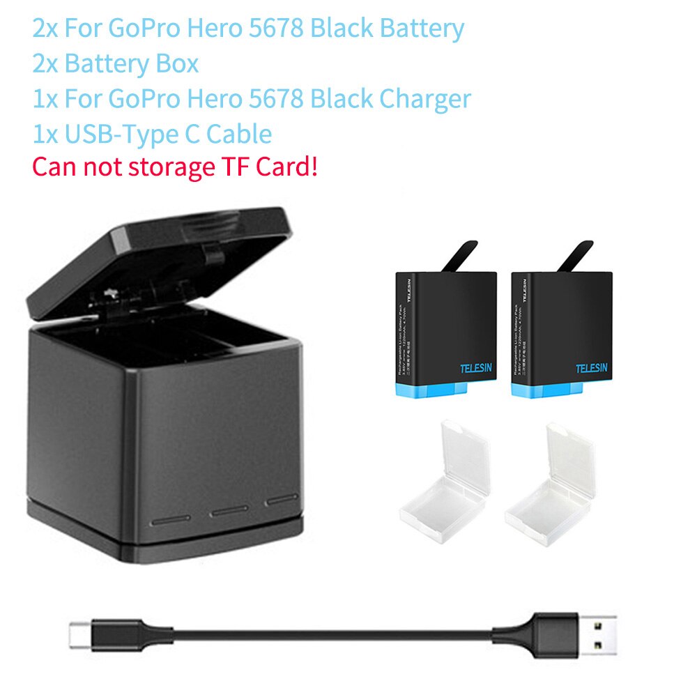 TELESIN For GoPro 10 9 Battery 1750mAh 1220mAh 3 Slots LED Light Charger Box TF Card Storage For GoPro Hero 5 6 7 8 9 10 Black: 2B For 5678