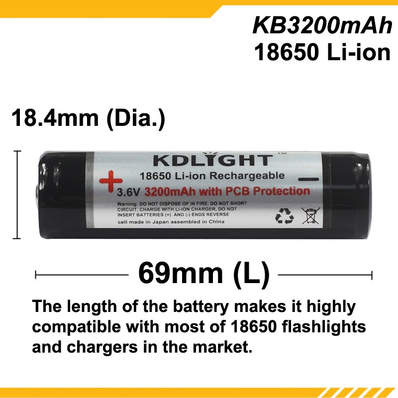Kdlight  kb3200 mah 3.6v 3200 mah genopladeligt li-ion 18650 batteri med pcb