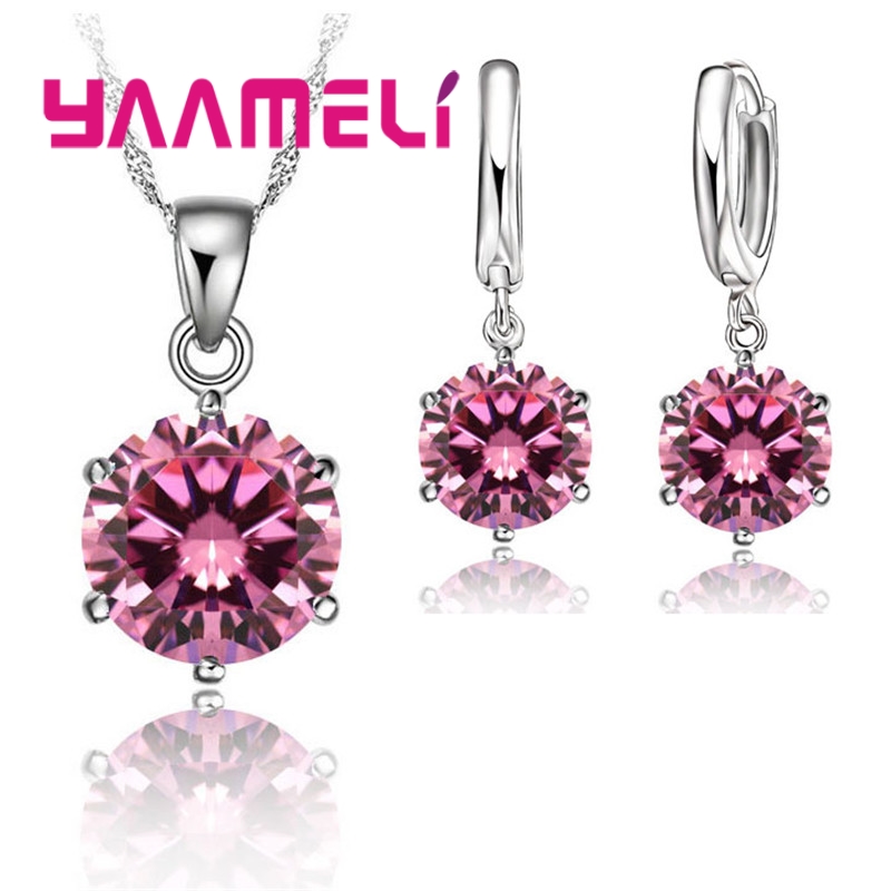 Trendy 925 Sterling Silver Color Jewelry Sets Simple 6 Claws Round Zircon Pendant Necklace Hoop Earrings Set Wedding Bridal