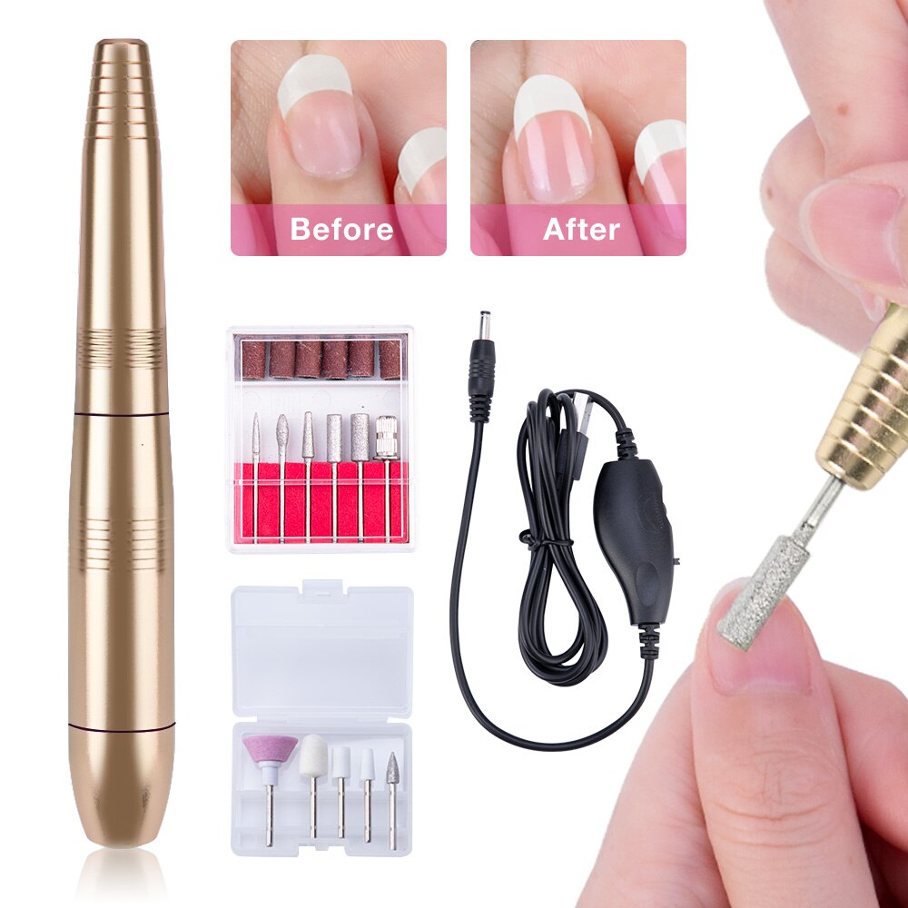 Dmoley Pro Portable Nail Drill Machine For Manicure Electric Nail Cutter 110-240V Metal Easy to Operate Pen Shape USB Nail Drill: Gold