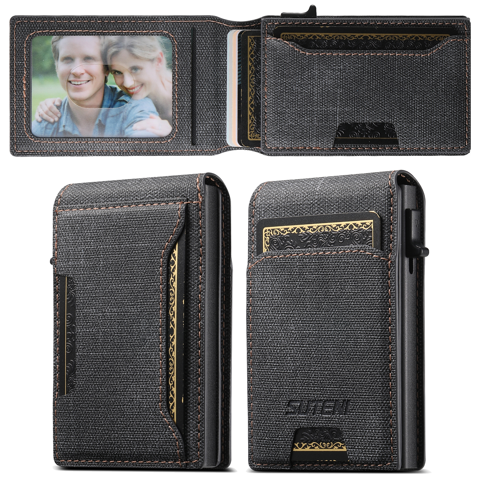 Push-out Card PU leather Card Holder Wallet Holder Large Capacity Can Hold 1-12 Cards 1 Photo Black/Brown/Blue: black