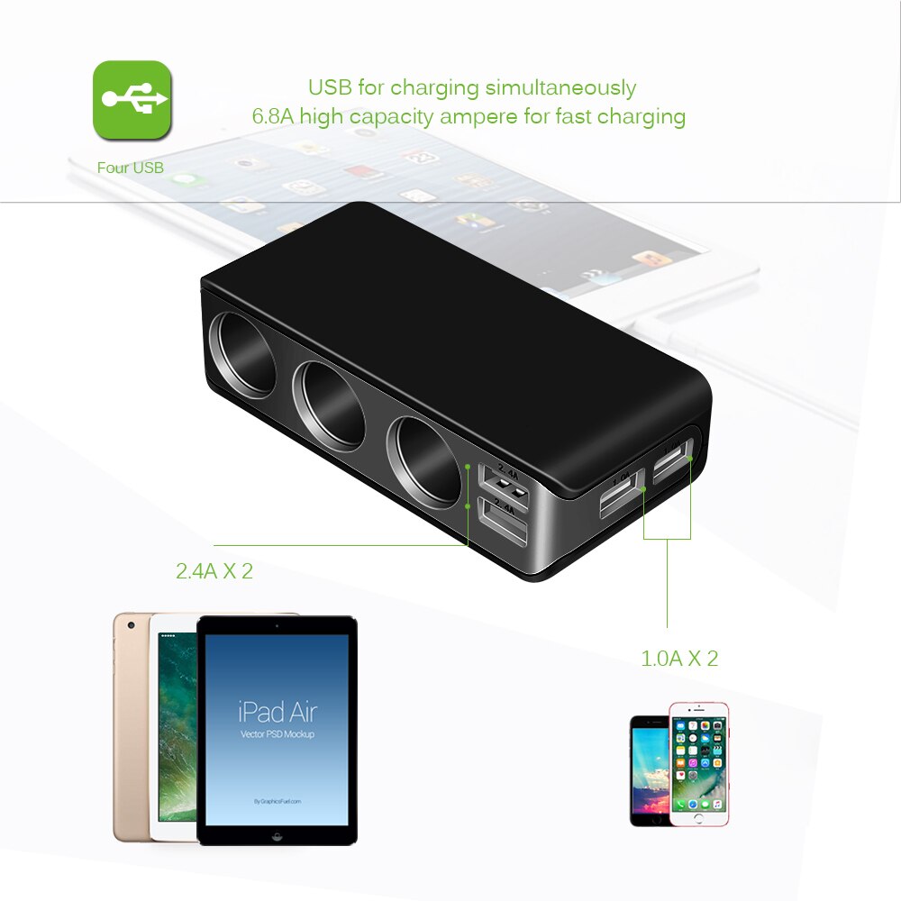Onever 4 Usb-poort 3 Way Sigarettenaansteker Splitter Charger 120W Power 6.8A USB Auto-oplader Ondersteuning display Volmeter