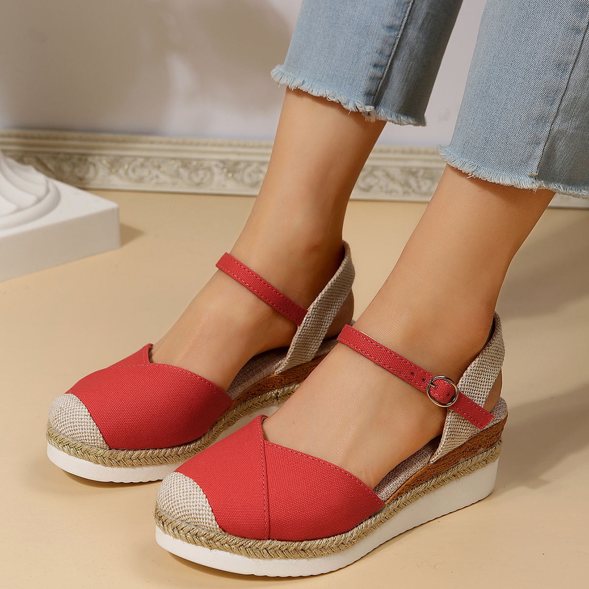 Sandalias de cuña con punta cerrada para Mujer, zapatos de gladiador con correa y hebilla, alpargatas de para Mujer, Sandalias con plataforma para Mujer 2024