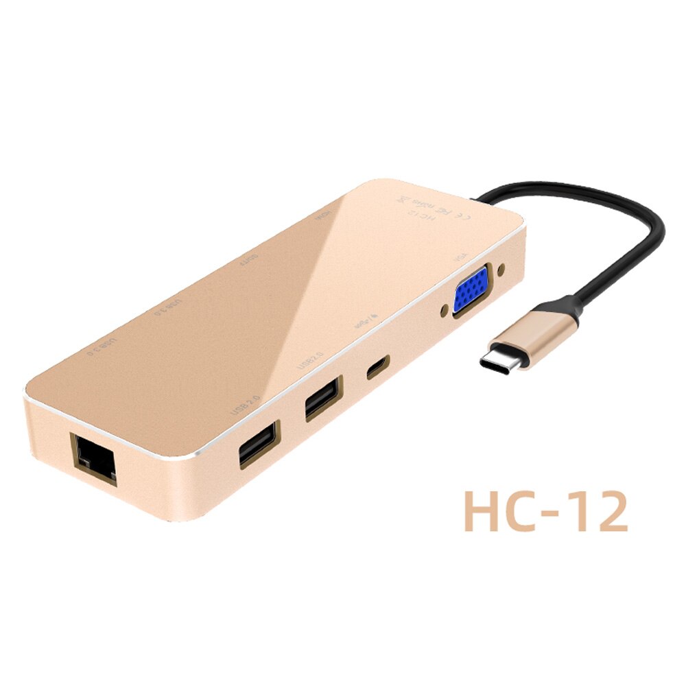 11in1 Usb Type C Hub Adapter Voor Samsung Huawei Macbook Ethernet ,4K Hdmi, Vga, AUX3.5, usb 3.0 Poorten, Tf Sd Reader, Pd Fast Charger: HC12 Gold