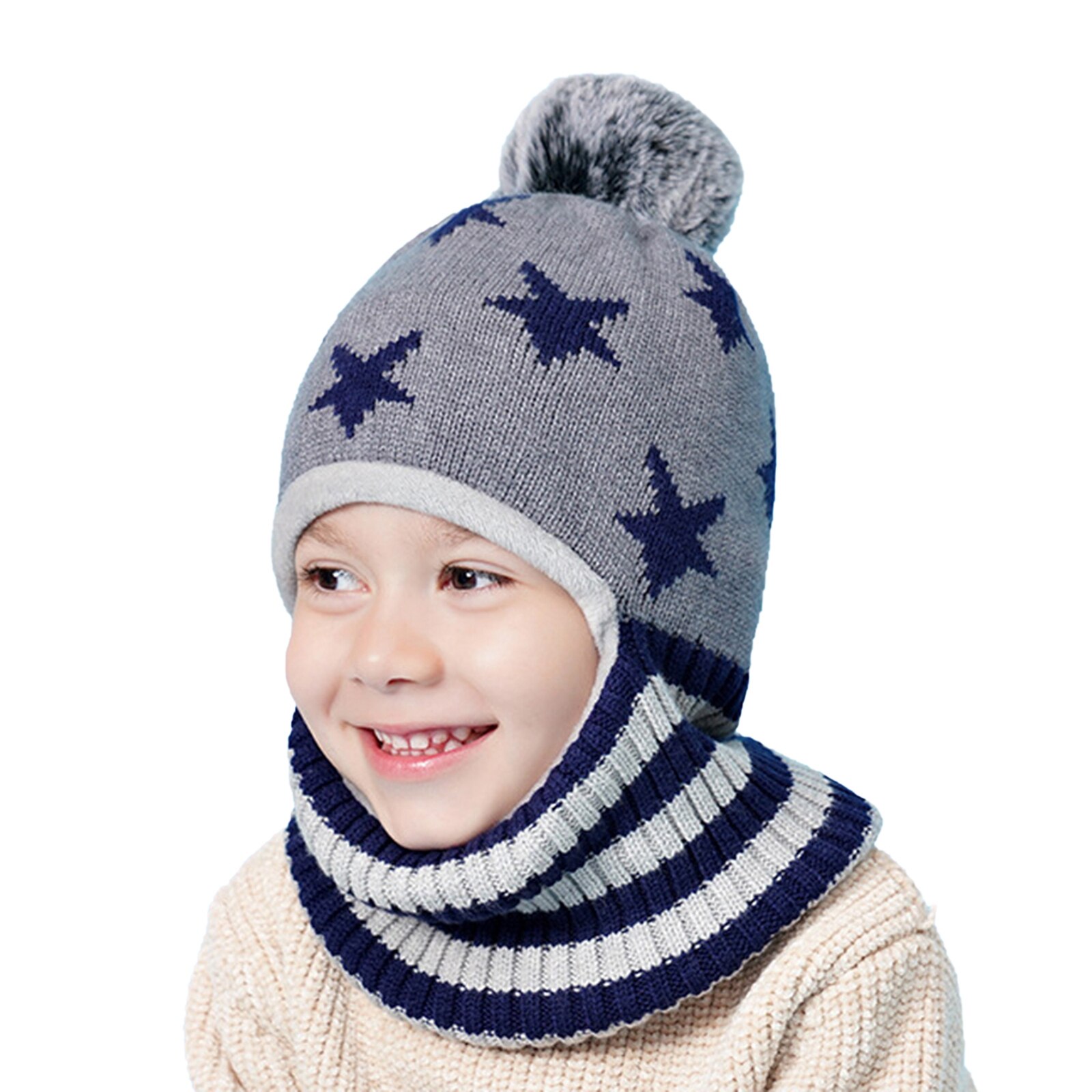 Criança criança criança malha capuz chapéus dos desenhos animados cinco estrelas forro de lã cachecol earflap crânio capa de uma peça tampas de inverno quente do bebê menino