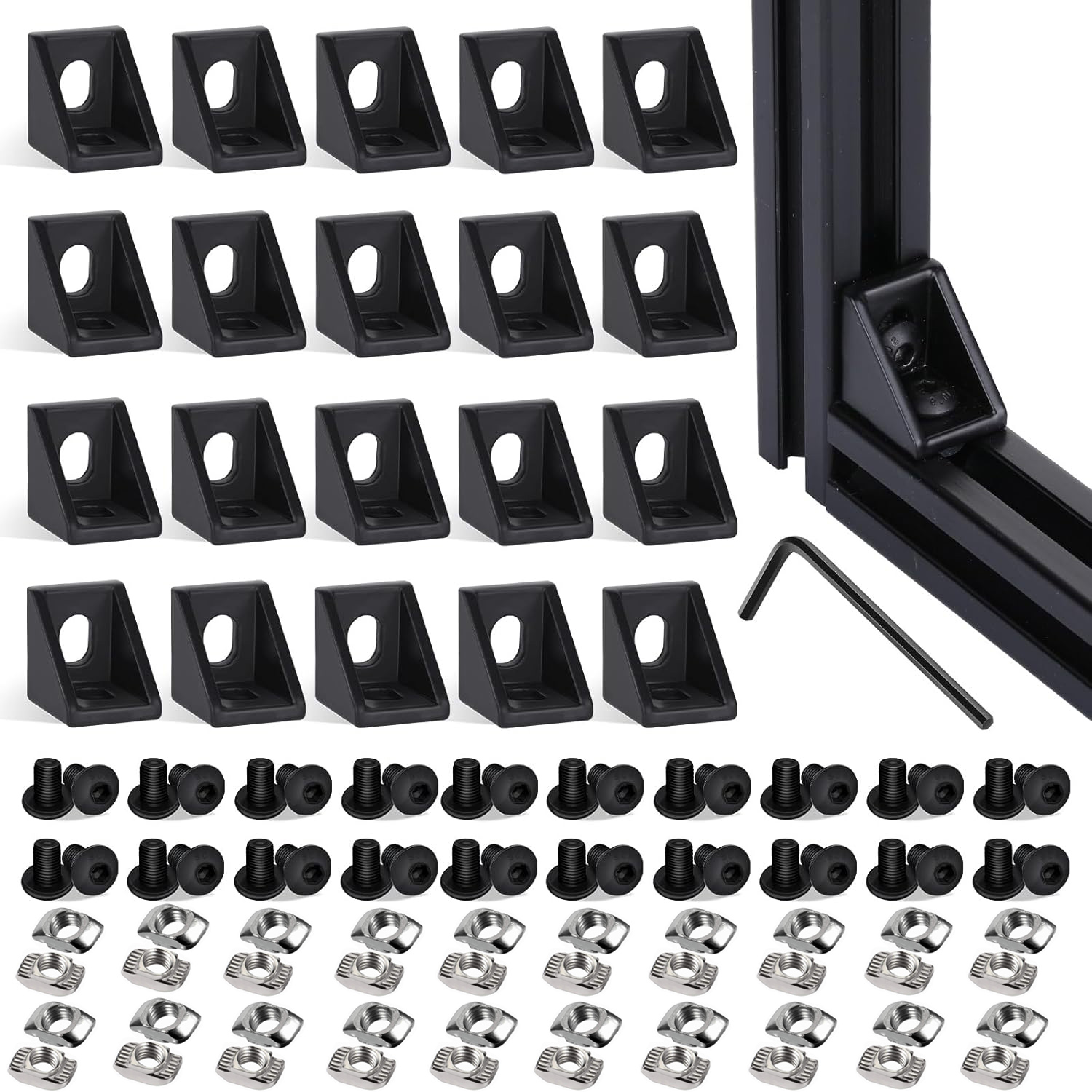20 ensembles de supports d'angle, 40 écrous en T et boulon à vis hexagonale pour fente 6mm série , accessoires de profil d'extrusion d'aluminium: Black