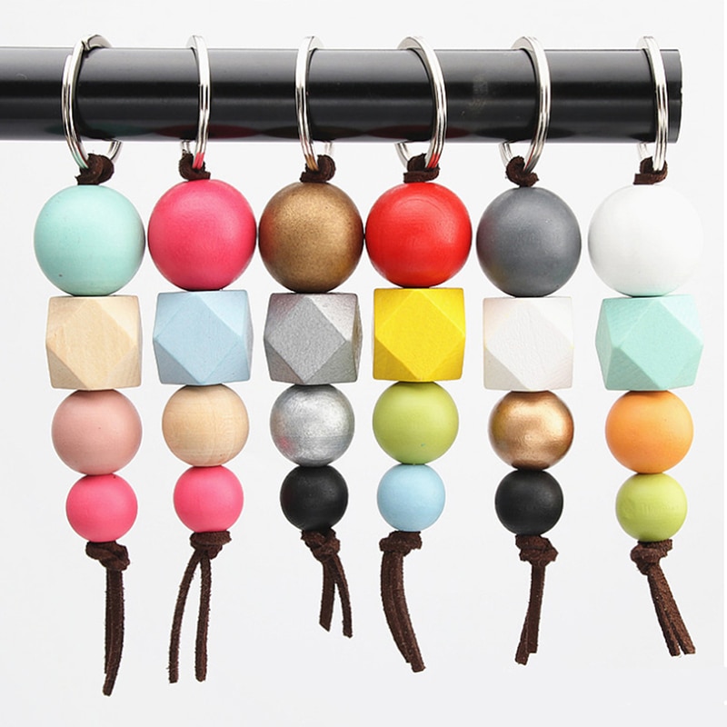 Multicolor Geometric Wood Beads Keychain For Bag Round Wooden Beads Keyrings Bag Accessories