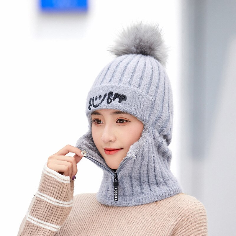 Jodimitty 2 -delige gebreide muts en sjaalset met haarbal en pompon, dikke winterwarme, schattige meisjesletter met smiley en rits: Volwassen grijs