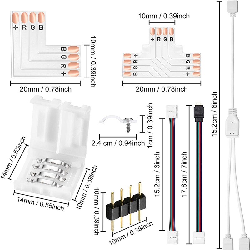 LED Strip Connector Kit, Strip Light Extension Cable Solderless Gapless Adapter Connectors for 5050 10mm 4Pin LED Strip