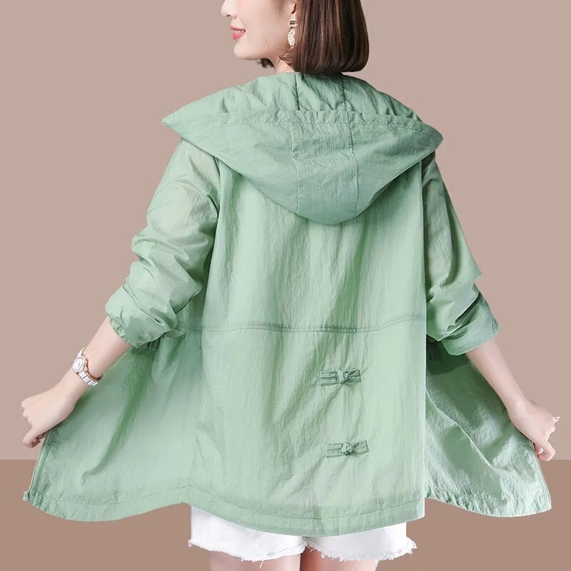 2022 Summer Women&#39;s Jacket Sun Protection Windbreaker Thin Coat Zipper Hooded Loose Overcoat Jackets Famale Outwear