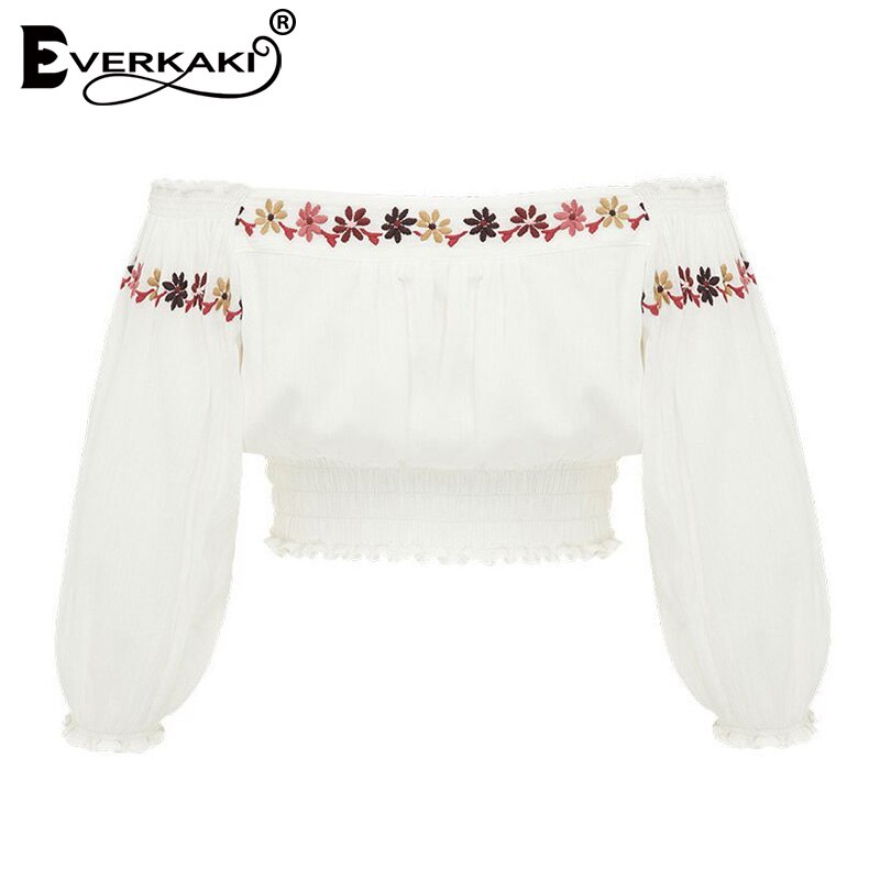 Everkaki Boho Floral broderie femmes Blouse hauts courts hors épaule à lacets Vintage gitane Top Blouses femme automne